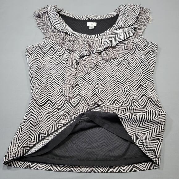 Worthington Black Gray Sleeveless Shirt Blouse Ruffled Tank Scoop Women's Size M - Picture 8 of 8
